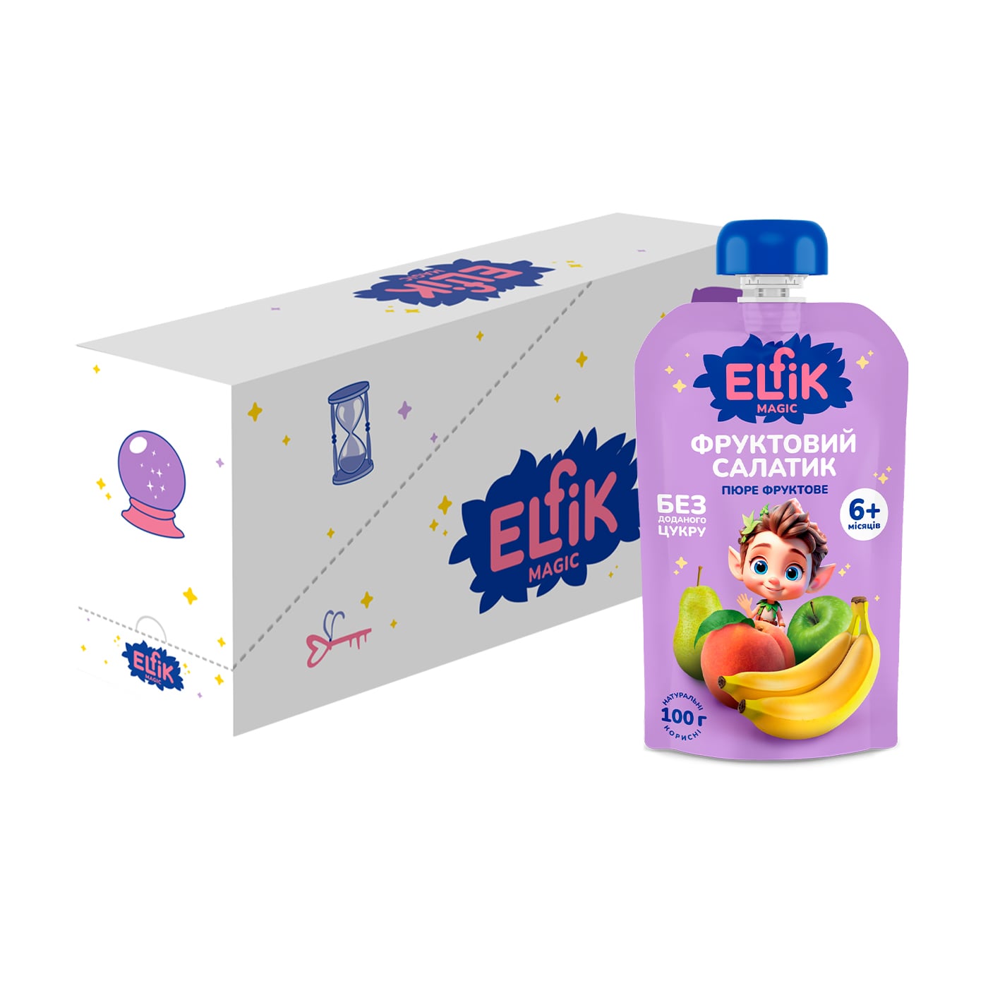 Уцінка! Дитяче фруктове пюре Elfik Magic Фруктовий салатик, без доданого цукру, від 6 місяців, 18*100 г